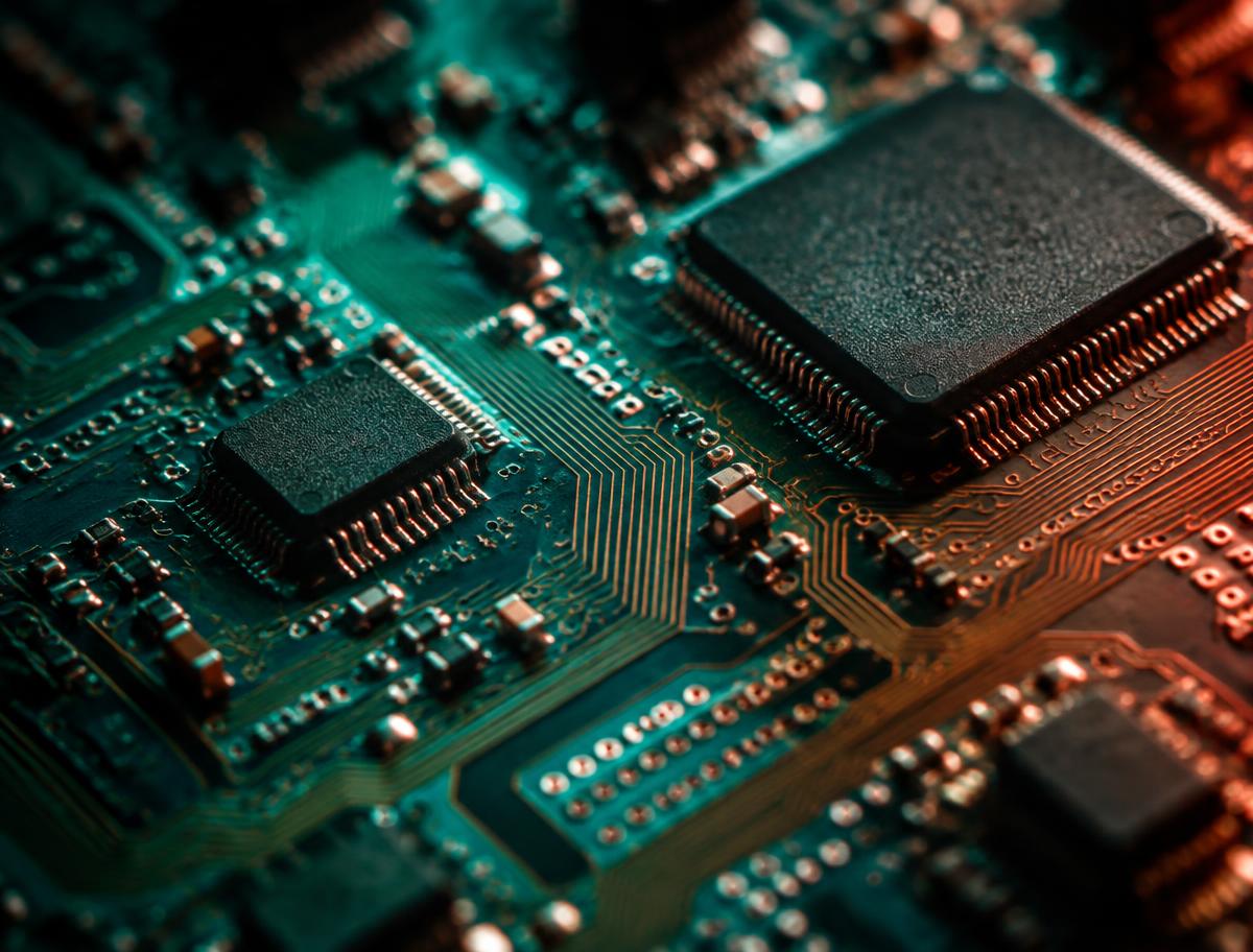 Close-up of a circuit board with processors and copper traces