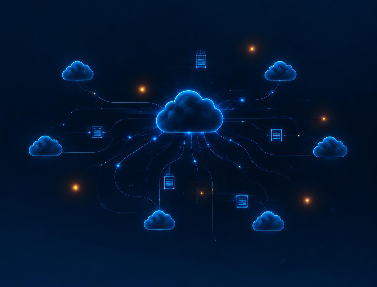 Abstract visualisation of a cloud network with connected nodes