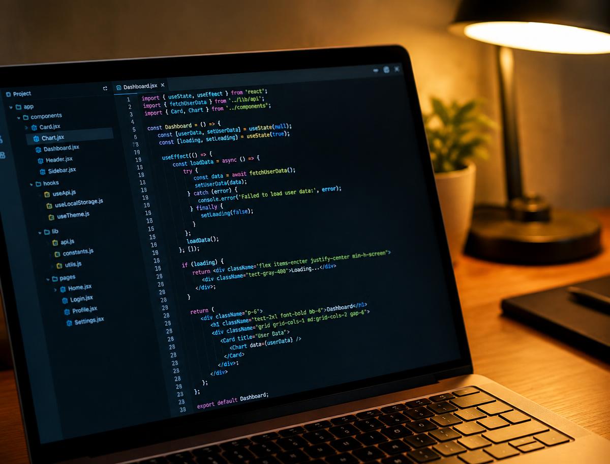 Source code displayed in a dark code editor on a laptop screen