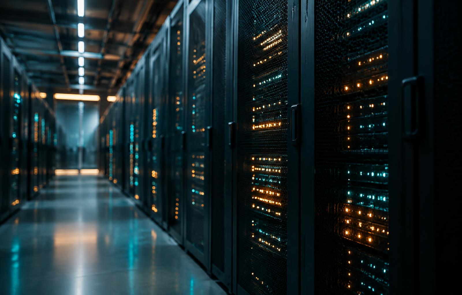 Rows of server racks with glowing indicator lights